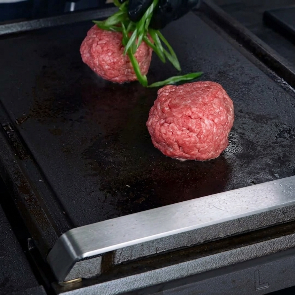 Des mains gantées plaçant des tranches fines de jalapeños verts frais sur des galettes de bœuf crues sur une plancha.