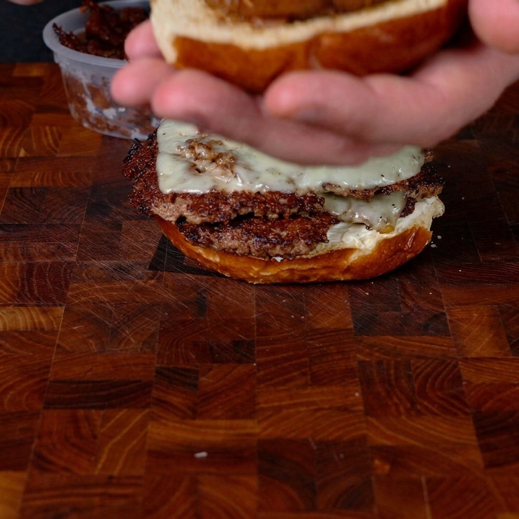 Des mains tenant un pain du haut grillé et étalant une épaisse couche de riche confiture de bacon foncée à lintérieur.