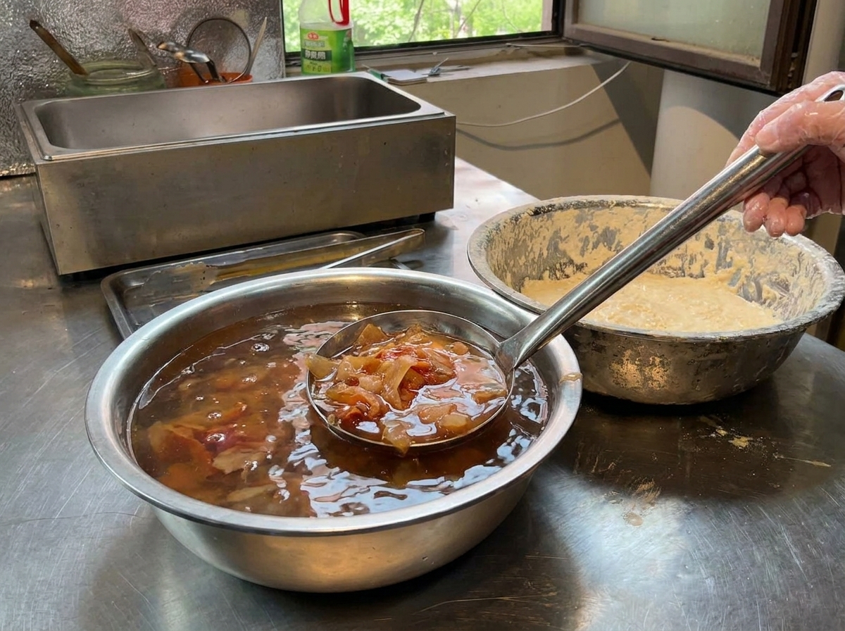 Morceaux de poulet soulevés dun bol de liquide à laide dune passoire en métal.