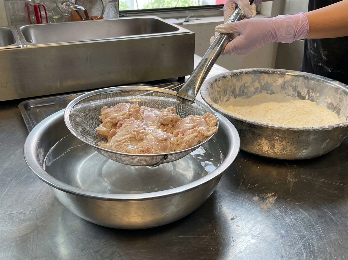 Morceaux de poulet farinés soulevés dun bain deau à laide dune passoire pour égoutter lexcès de liquide.
