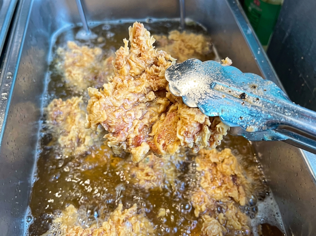 Pinces soulevant un morceau de poulet frit doré et croustillant hors dune friteuse bouillonnante.