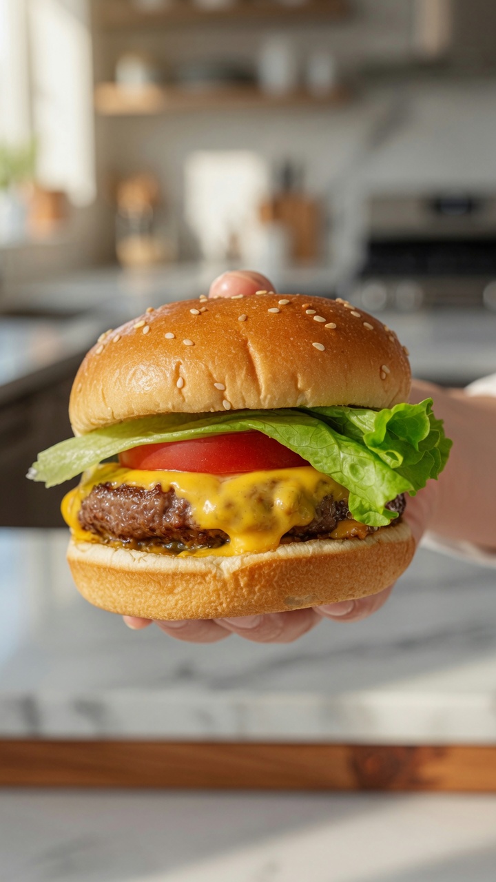 Un cheeseburger juteux au bœuf Angus avec du cheddar fondant, de la tomate fraîche et de la laitue sur un pain doré.