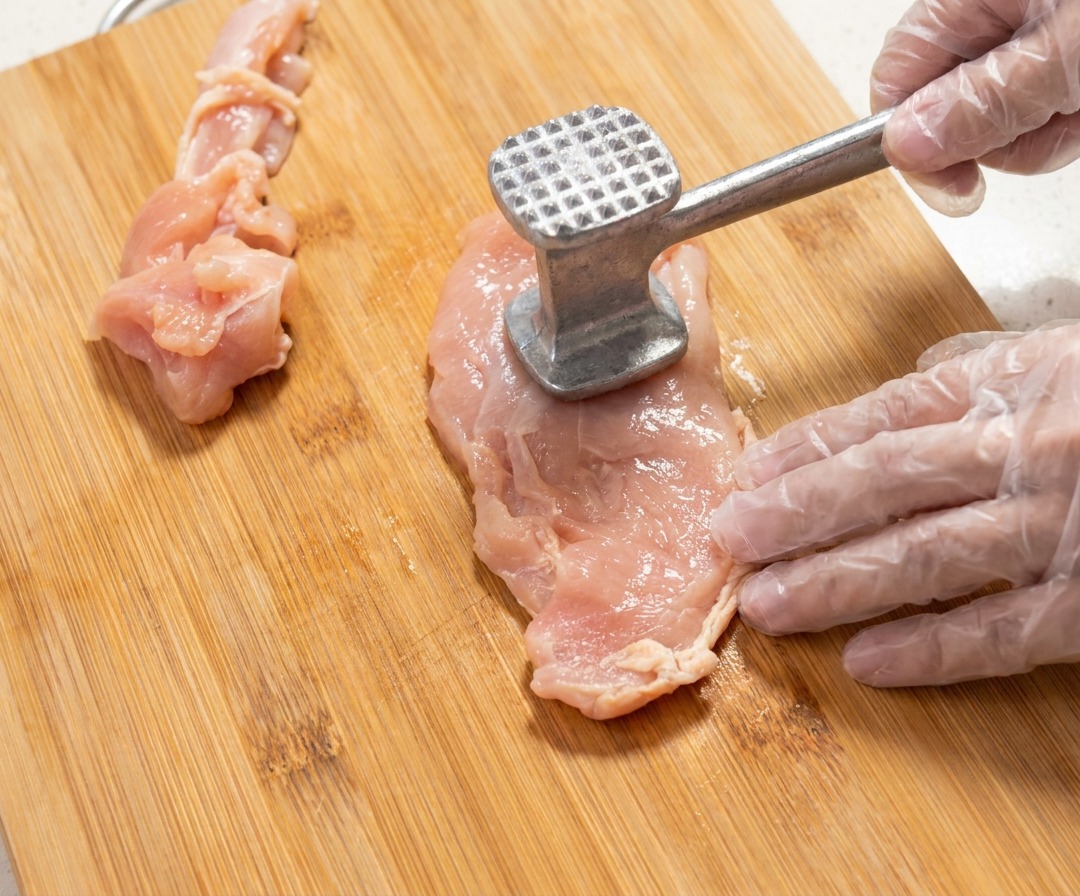 Gros plan dun blanc de poulet cru attendri avec un maillet à viande sur une planche en bois.