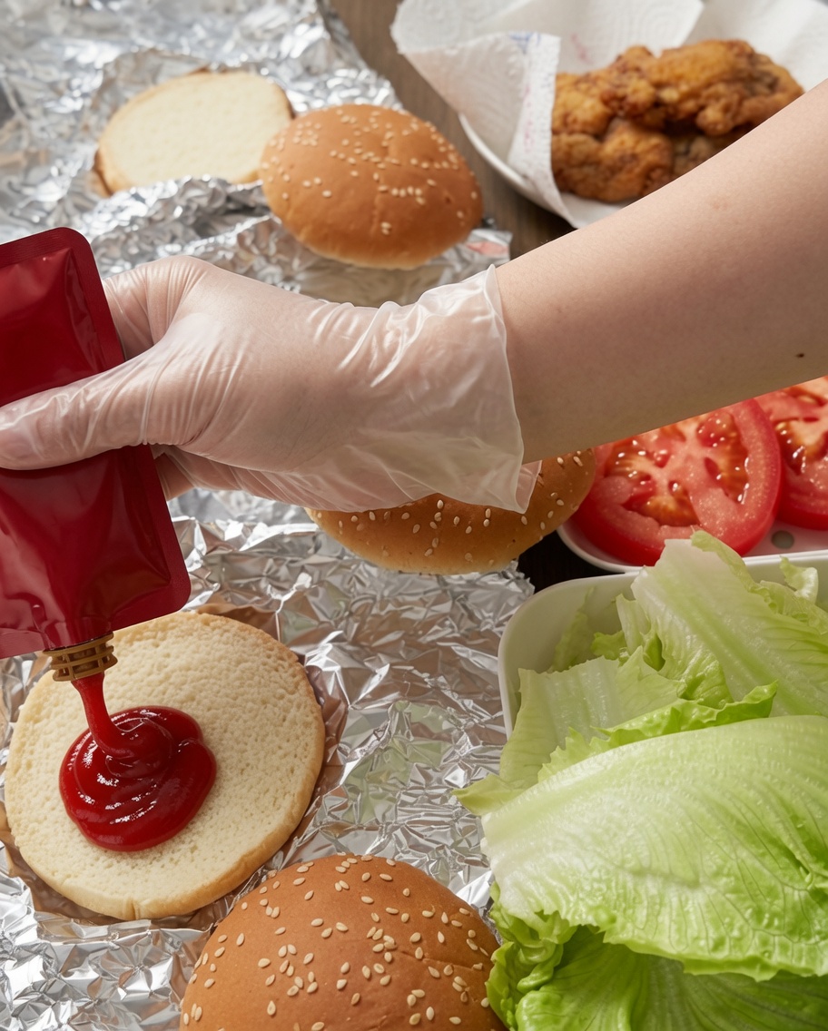 Une main gantée de plastique versant du ketchup sur un pain à burger moelleux, avec de la laitue fraîche et des tranches de tomates à côté.