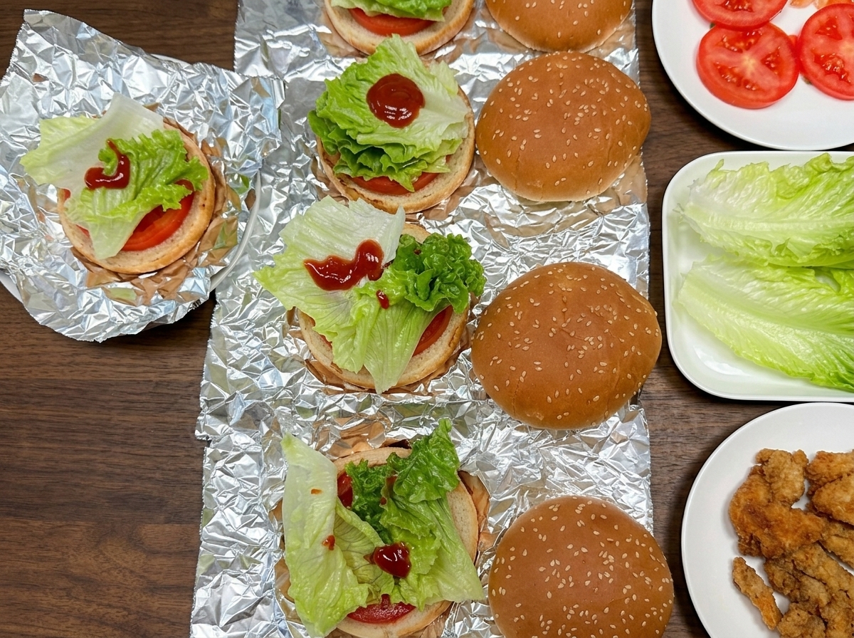 Une galette de poulet dorée et croustillante déposée sur un pain à burger garni de laitue verte et de rondelles de tomates.