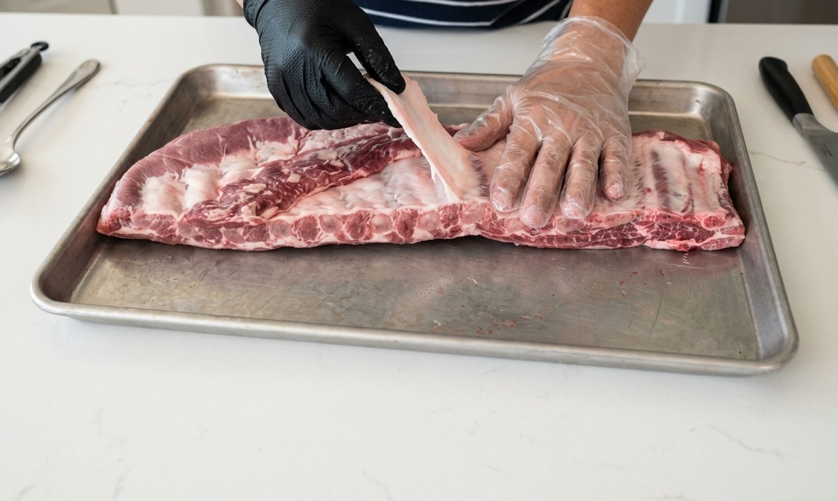 Mains gantées retirant la fine membrane au dos dun carré de travers de porc cru sur une plaque de cuisson.