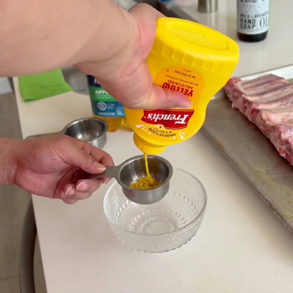 Moutarde jaune pressée dans un petit récipient en métal pour être mélangée à du jus de pomme.