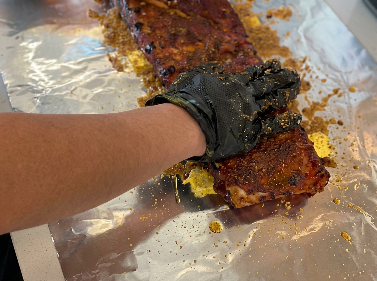 Travers de porc assaisonnés déposés sur une couche de cassonade et de beurre sur une feuille de papier daluminium.
