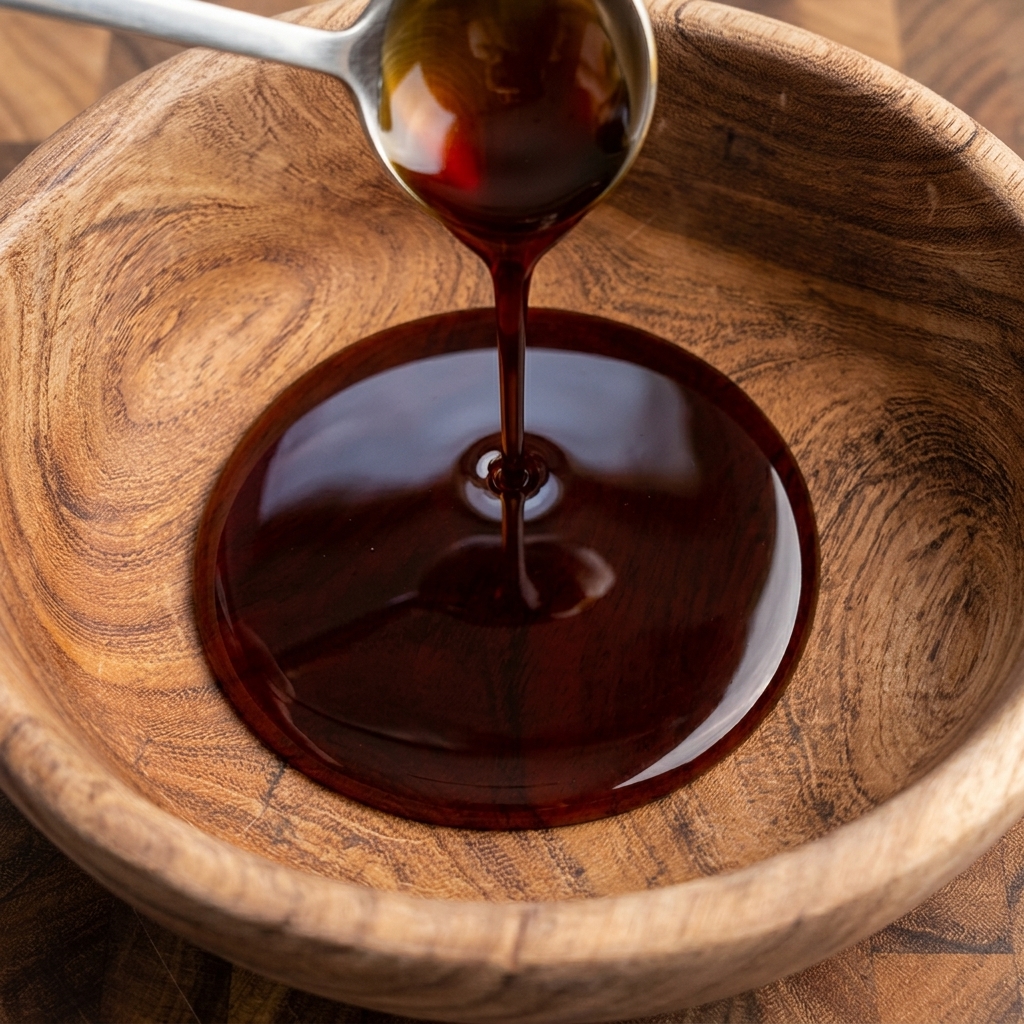 Vue de dessus dun fouet mélangeant une marinade riche et sombre dans un bol en bois rustique.