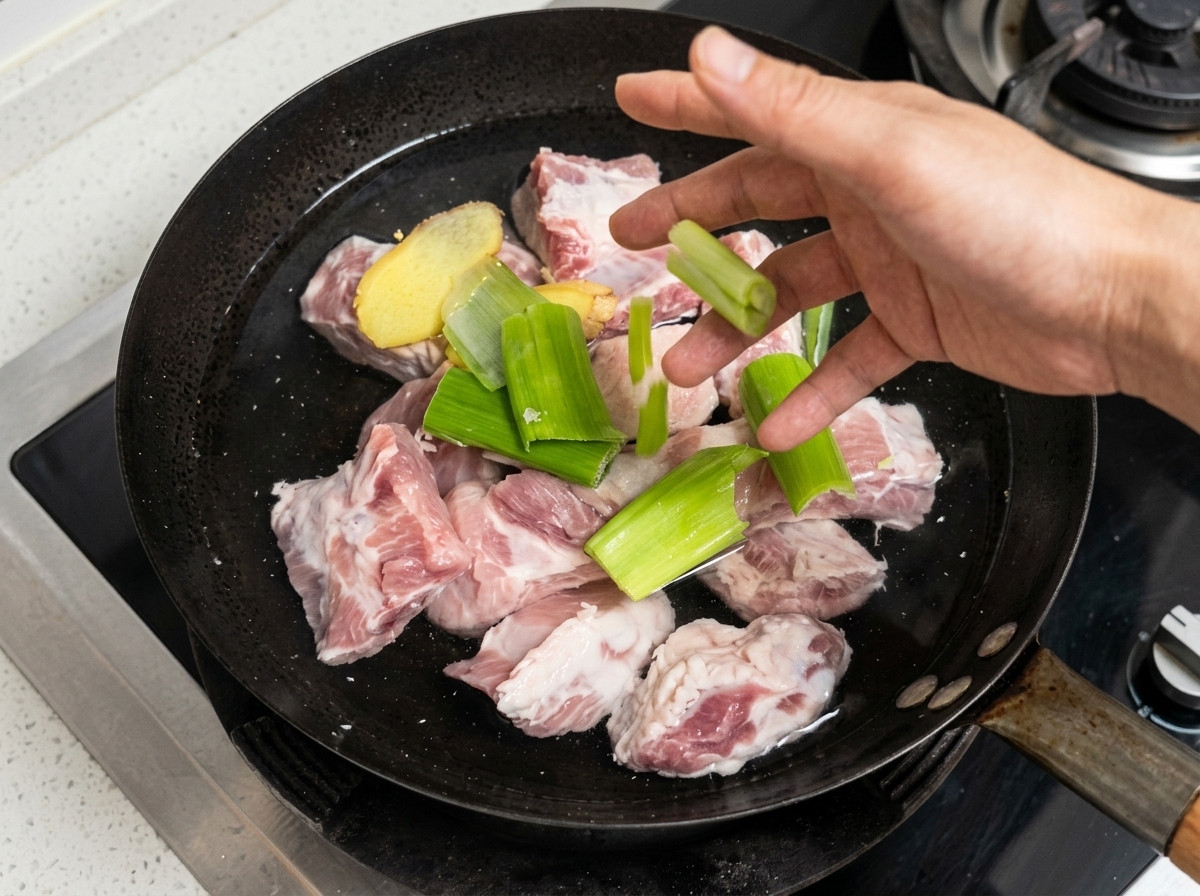 Travers de porc, gingembre et ciboule dans une casserole deau froide, prêts à être blanchis.
