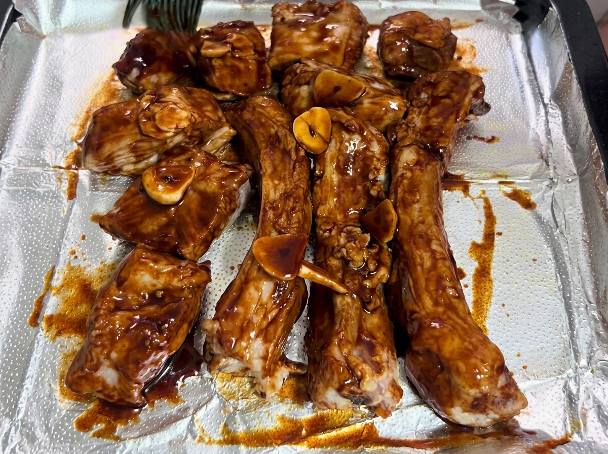 Un pinceau en silicone bleu étalant la marinade brune et épaisse sur les travers de porc.
