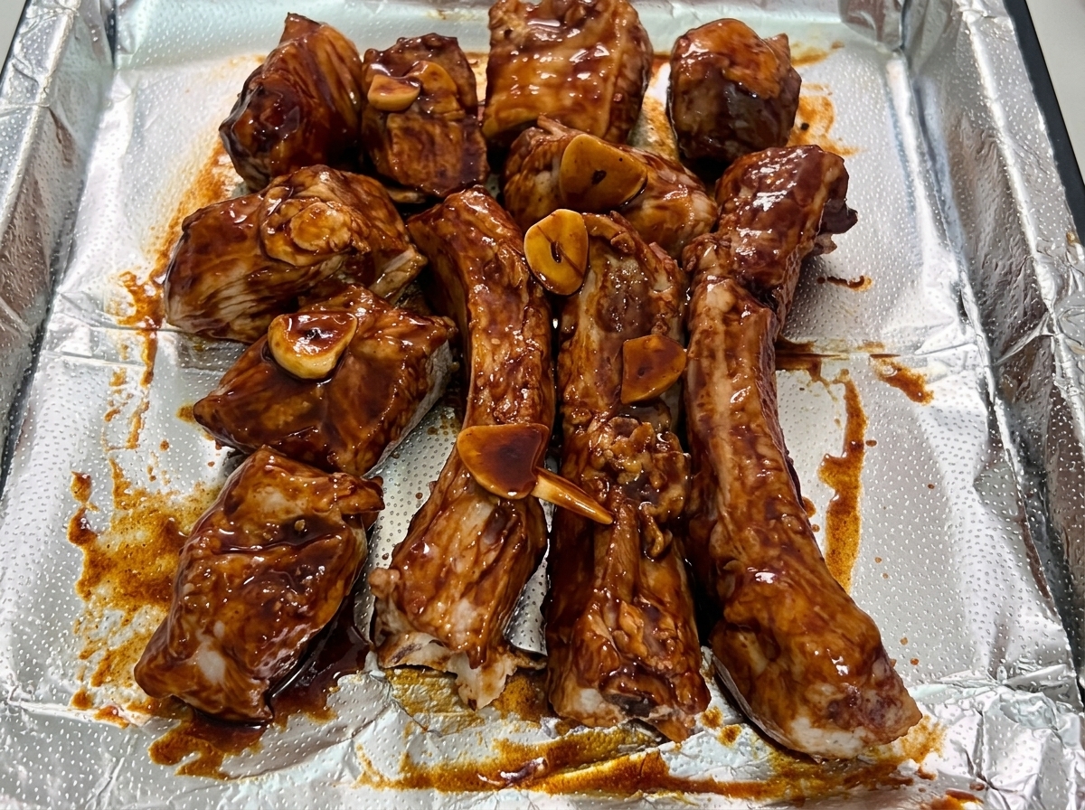 Un léger voile dhuile de cuisson pulvérisé sur les travers enrobés de marinade.