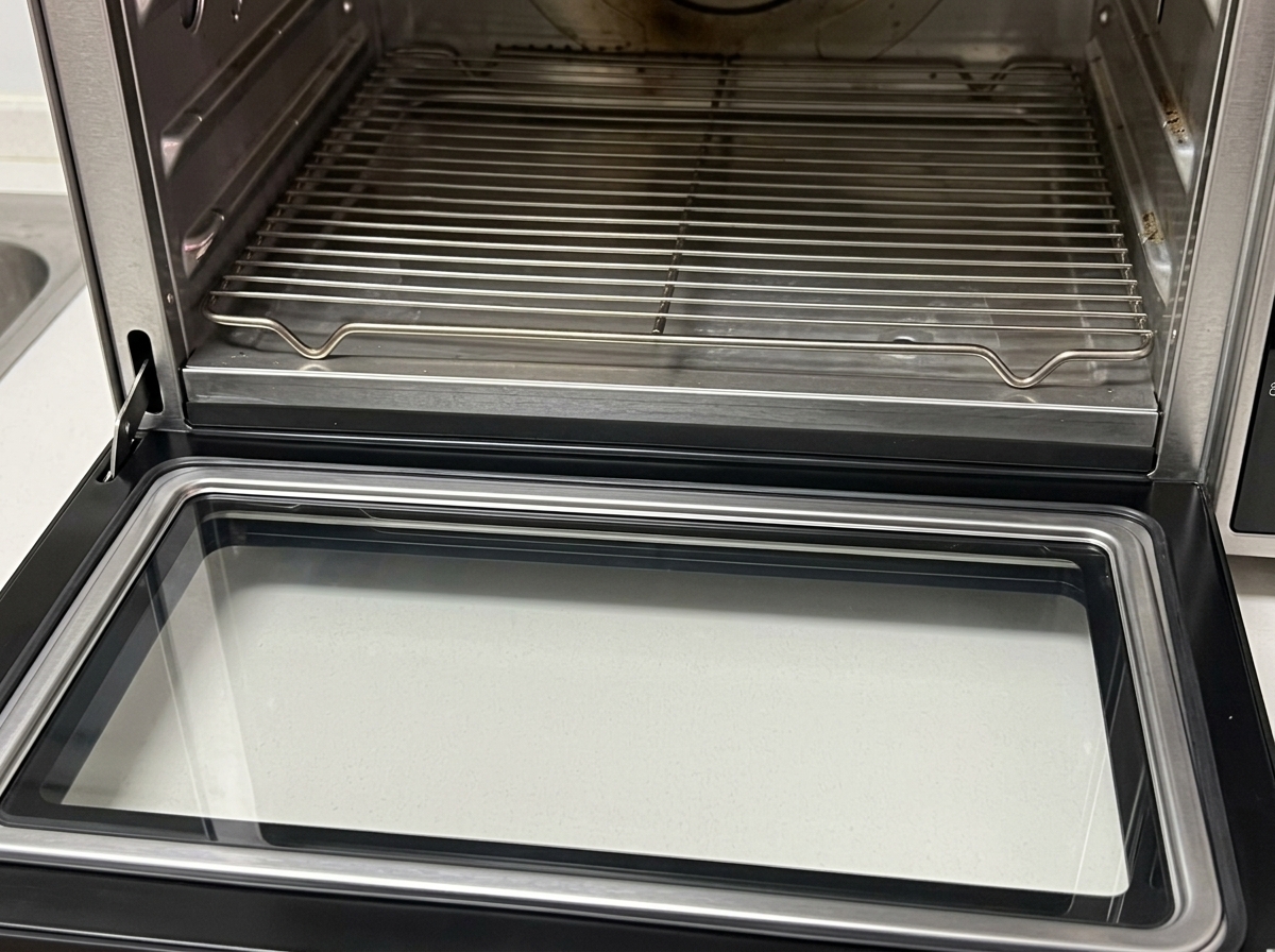 La porte ouverte du four, prête à accueillir la plaque de travers de porc glacés.