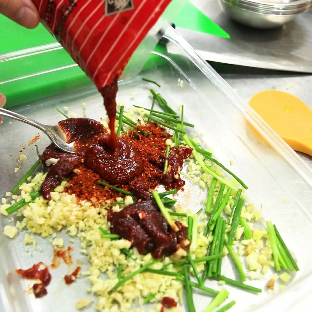 De la poudre de piment rouge coréenne finement moulue saupoudrée sur le mélange dail et de ciboulette.