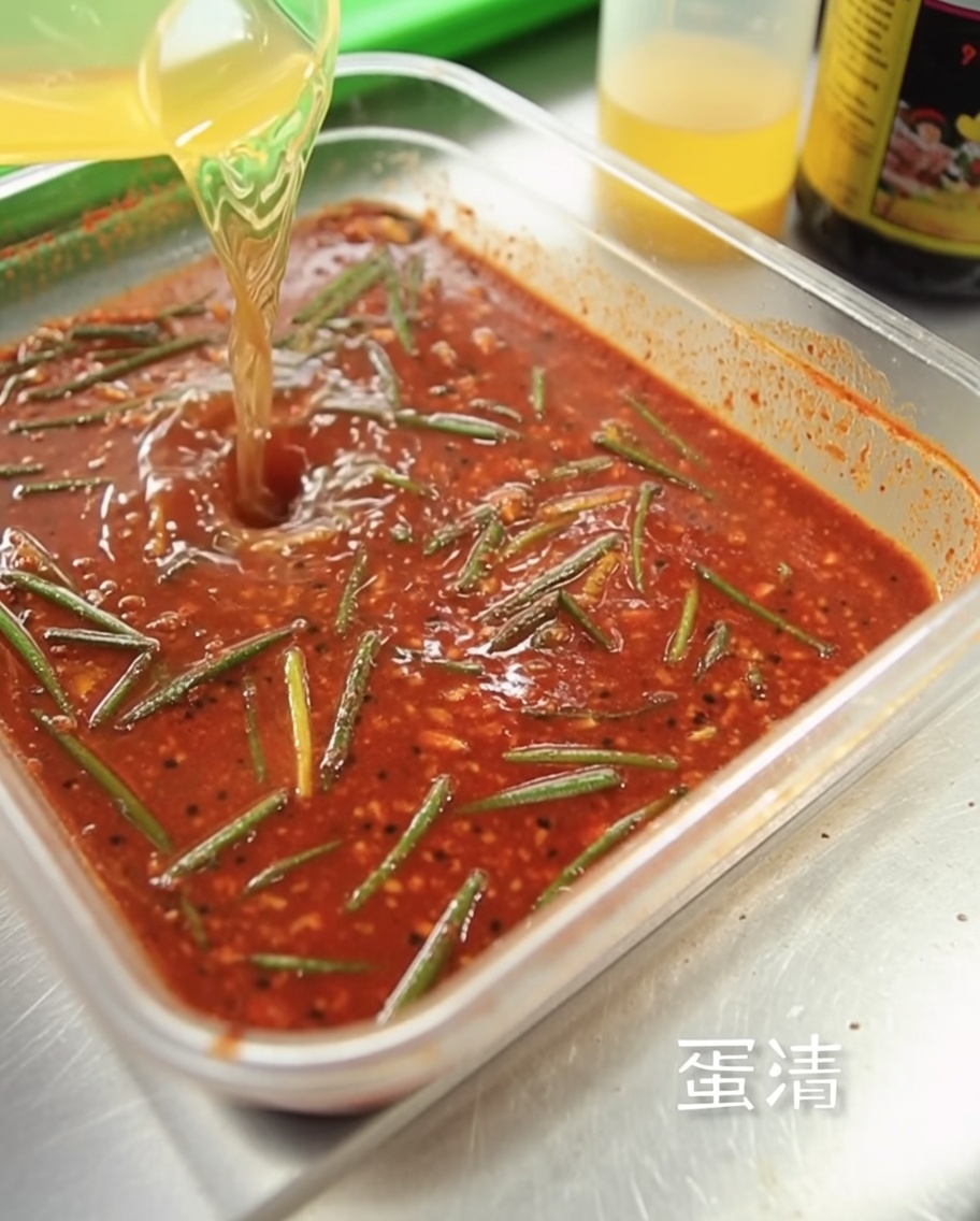 Verser des blancs dœufs translucides dans le bol contenant la marinade.