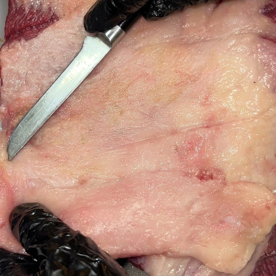 Gros sel de mer versé uniformément sur la surface de la poitrine de Wagyu crue et parée.