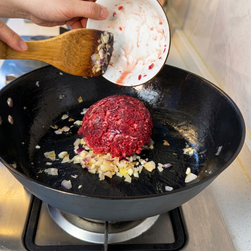 Bœuf haché sauté à la poêle avec les oignons et lail.