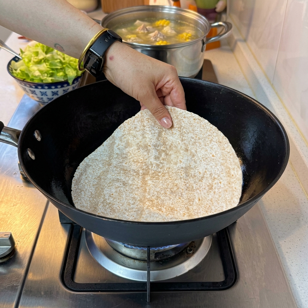 Une tortilla dans la poêle recouverte dune couche de fromage râpé.