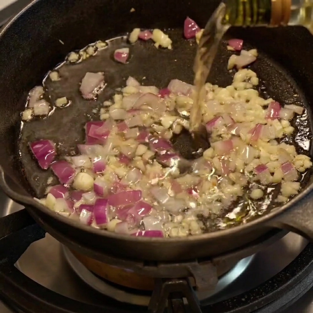 Le vin blanc bouillonne dans la poêle en fonte au contact de la surface chaude avec les aromates.