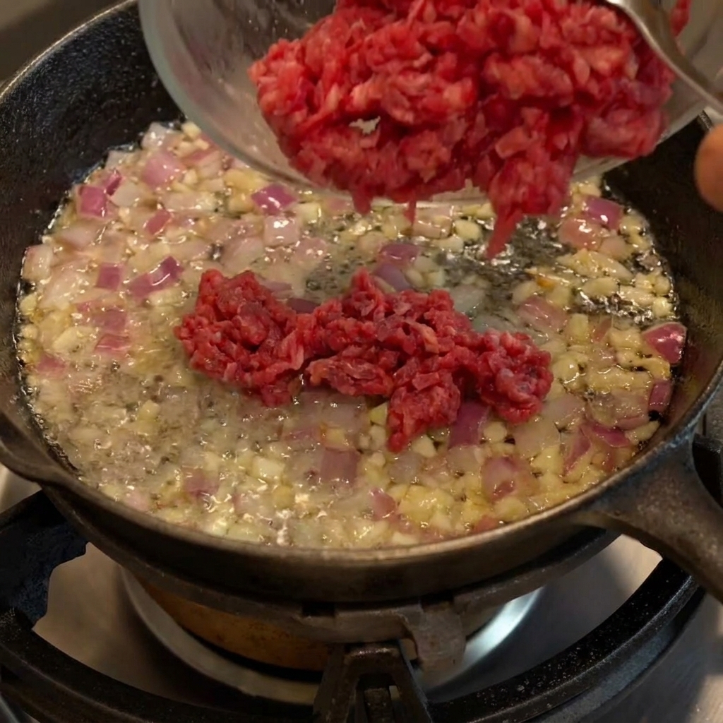 Le bœuf haché brunit dans la poêle en fonte, mélangé aux oignons et à lail translucides.