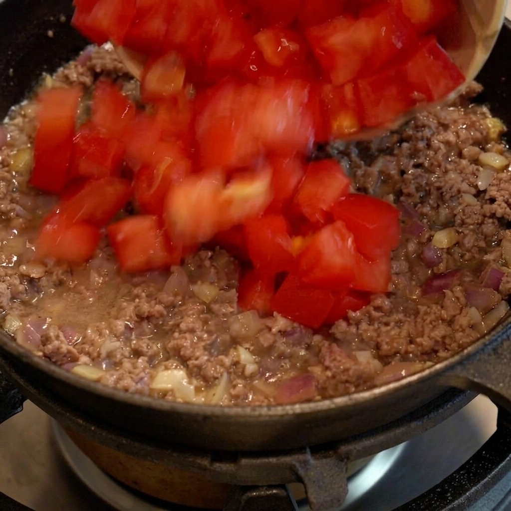 Dés de tomates incorporés au bœuf haché dans une poêle, créant une base riche et juteuse.