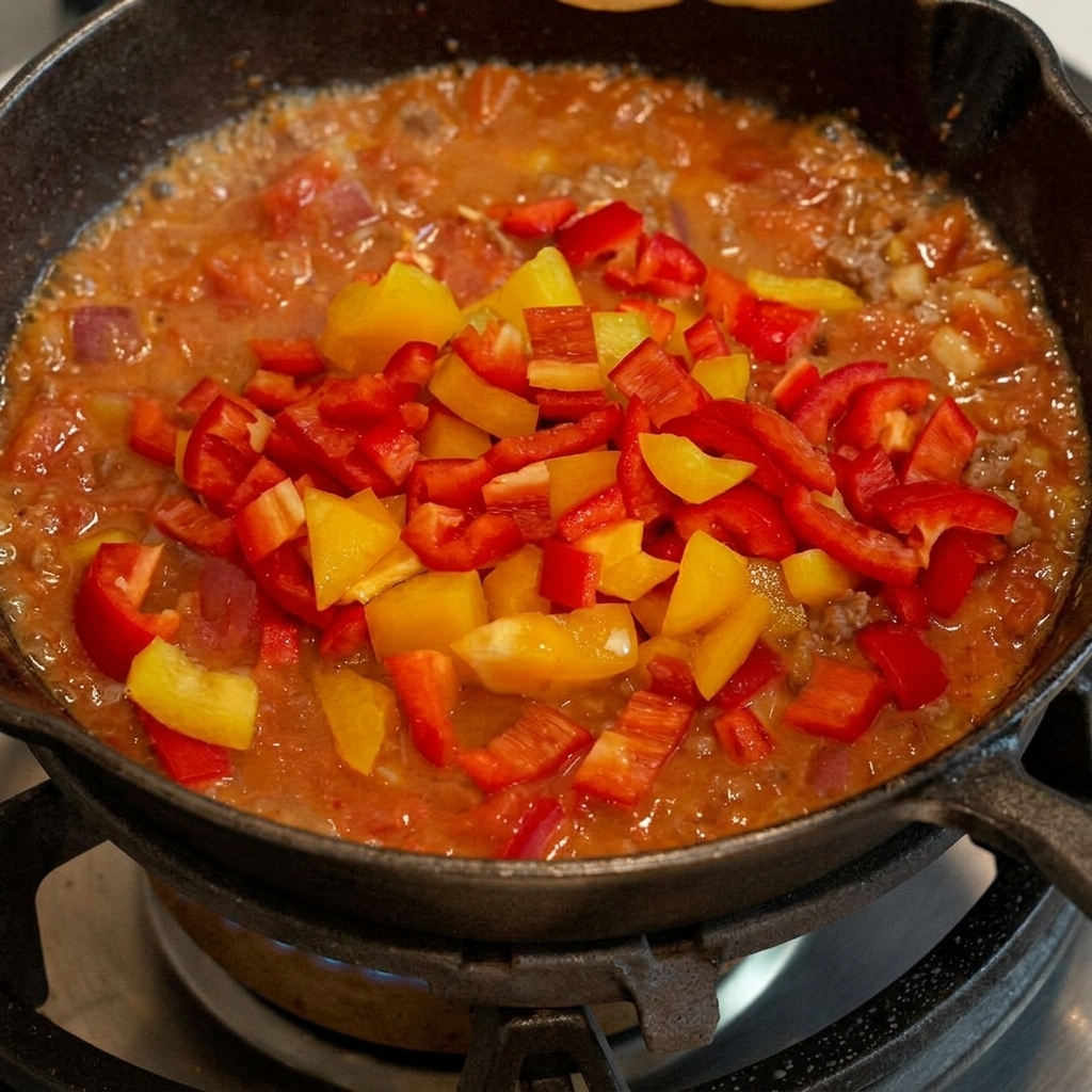 Poivrons jaunes en dés ajoutés au mélange de bœuf et de tomates dans une poêle en fonte.