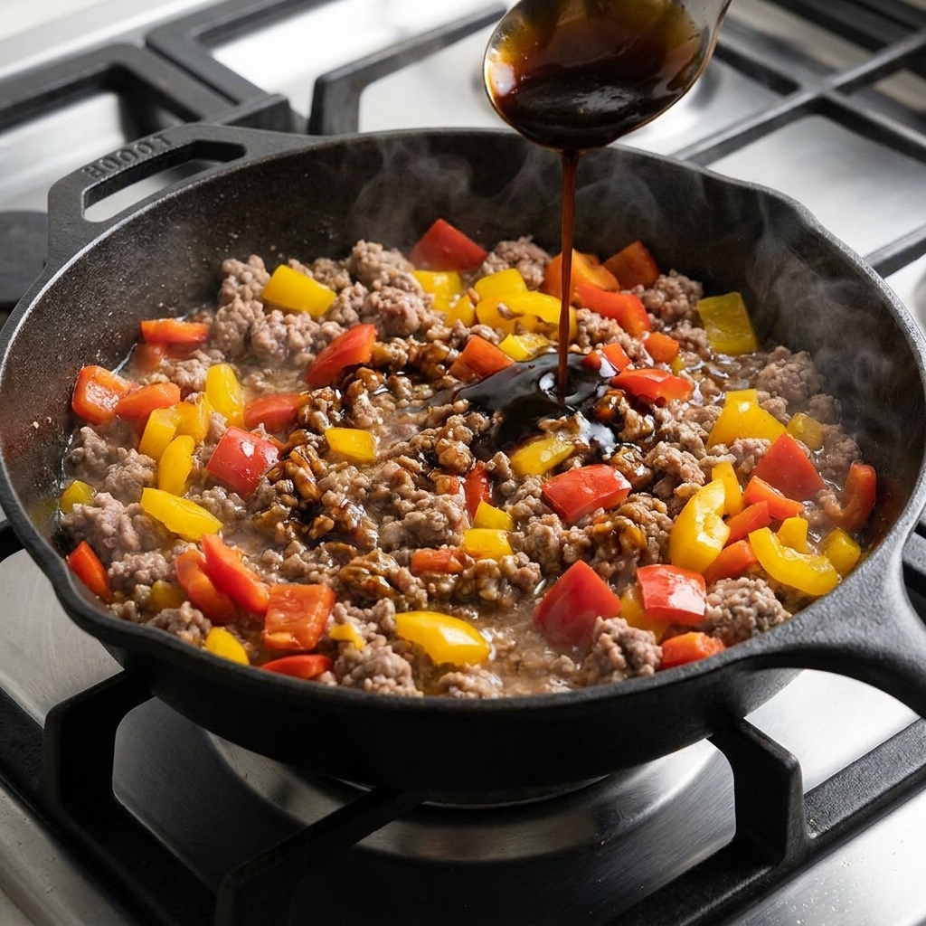 Une sauce brune savoureuse versée depuis une cuillère sur le bœuf et les poivrons.