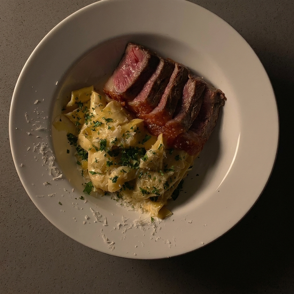 Un steak cru et assaisonné déposé dans une poêle en inox pour commencer la saisie.