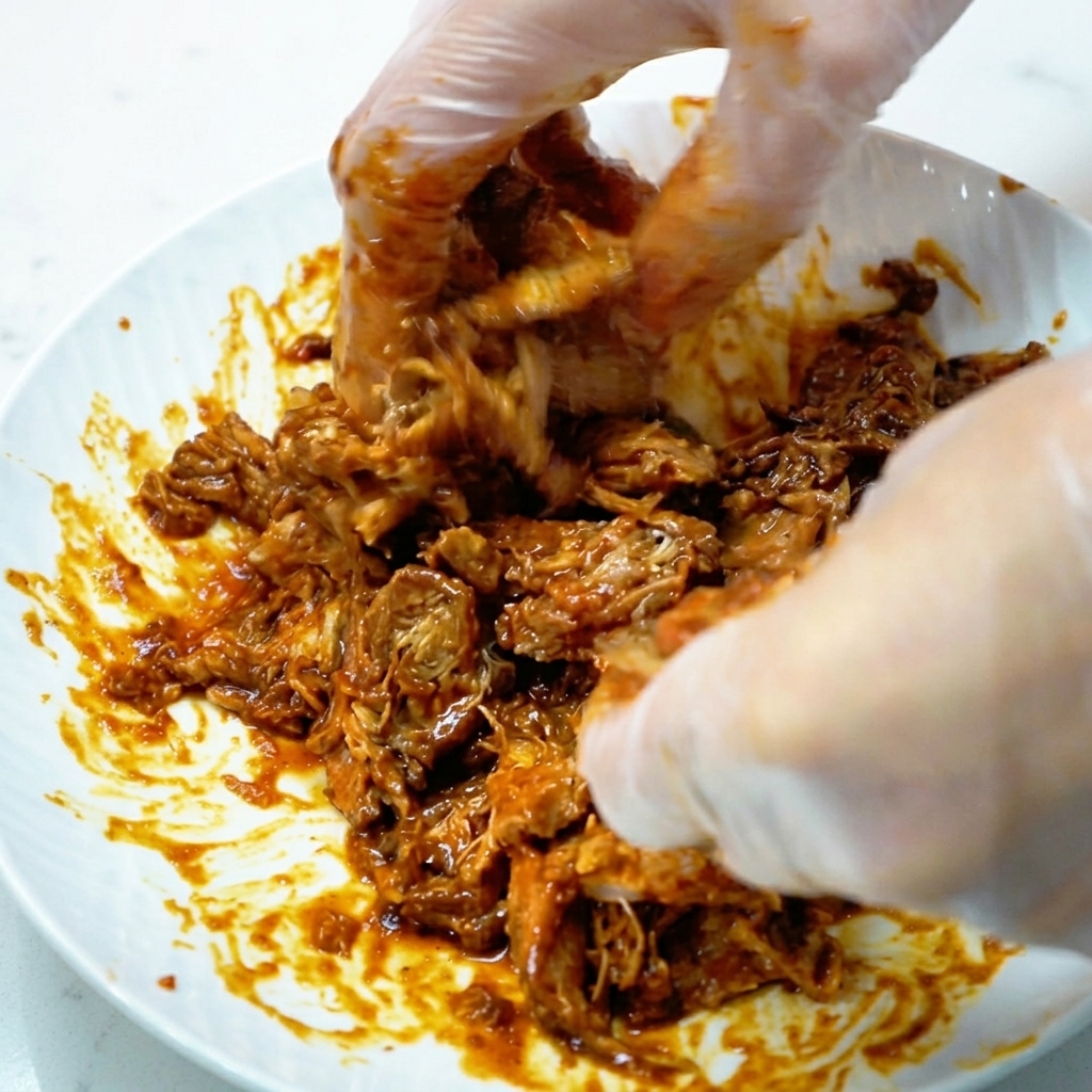 Gros plan de mains gantées effilochant du porc fumé assaisonné sur une assiette blanche.