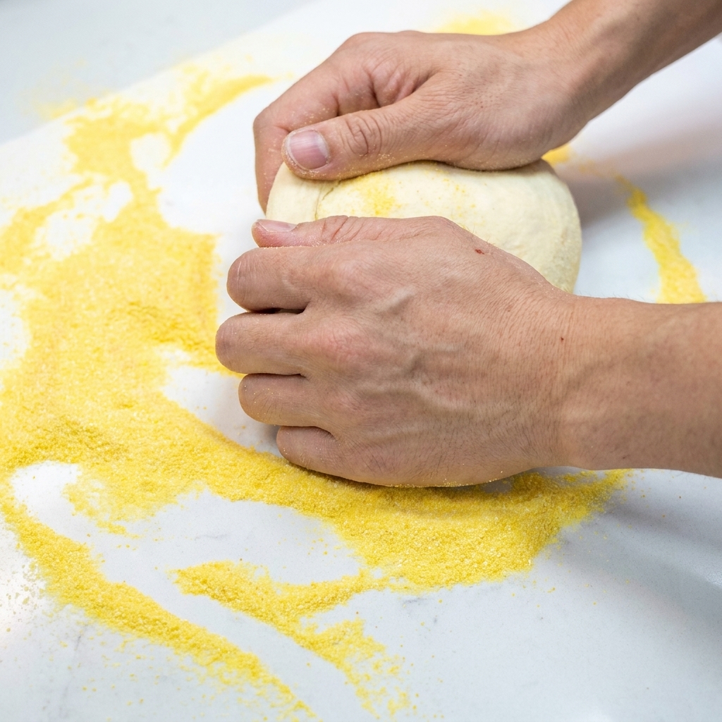 Mains étirant une boule de pâte levée pour former une base ronde sur un plan de travail fariné à la semoule de maïs.