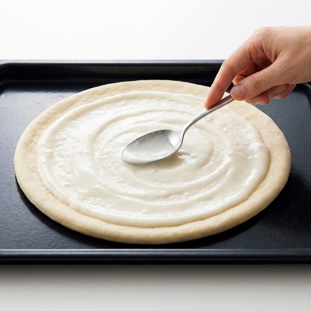 Une cuillère étalant une sauce béchamel onctueuse sur la base de pâte à pizza crue.