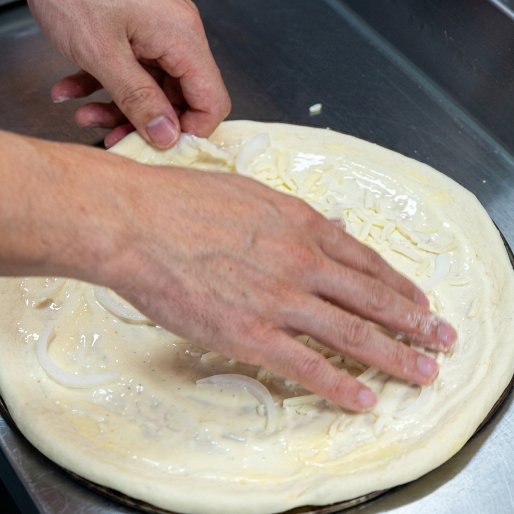 Tranches doignon blanc déposées sur une base de pizza déjà couverte de sauce et dune couche de fromage râpé.