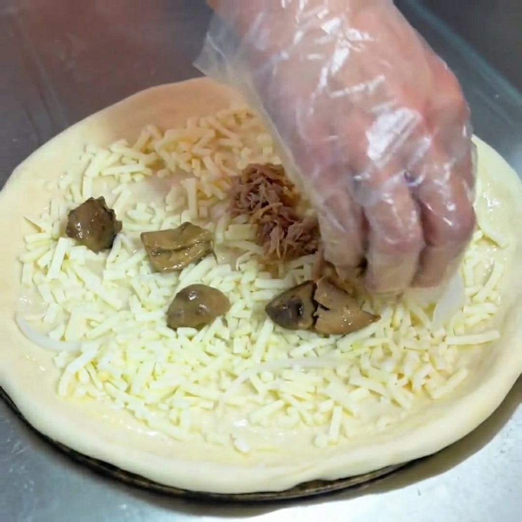 Champignons et porc effiloché répartis sur la base de pizza garnie de fromage.