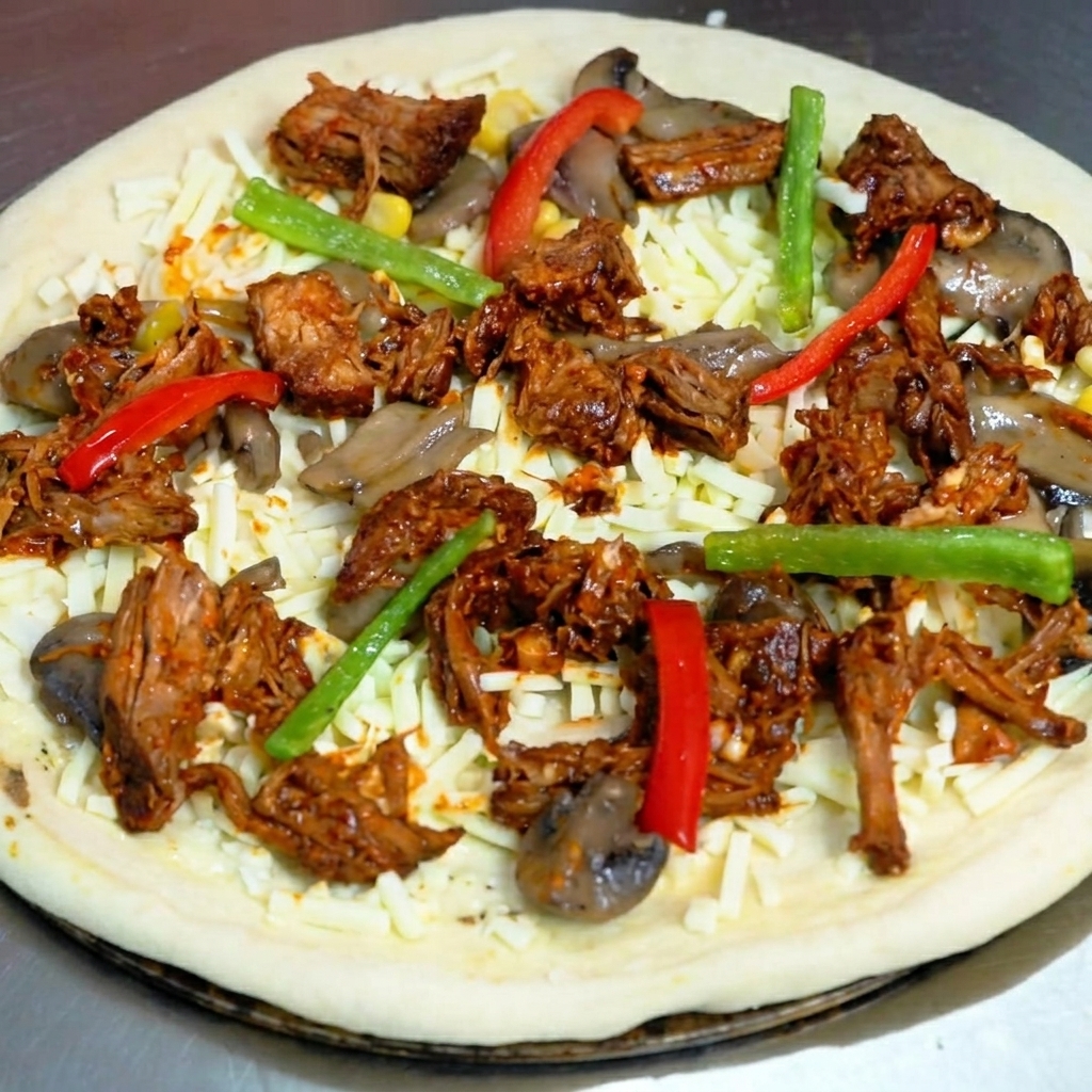Une pizza garnie de poivrons, de maïs et dune dernière couche de fromage râpé, prête à être enfournée.
