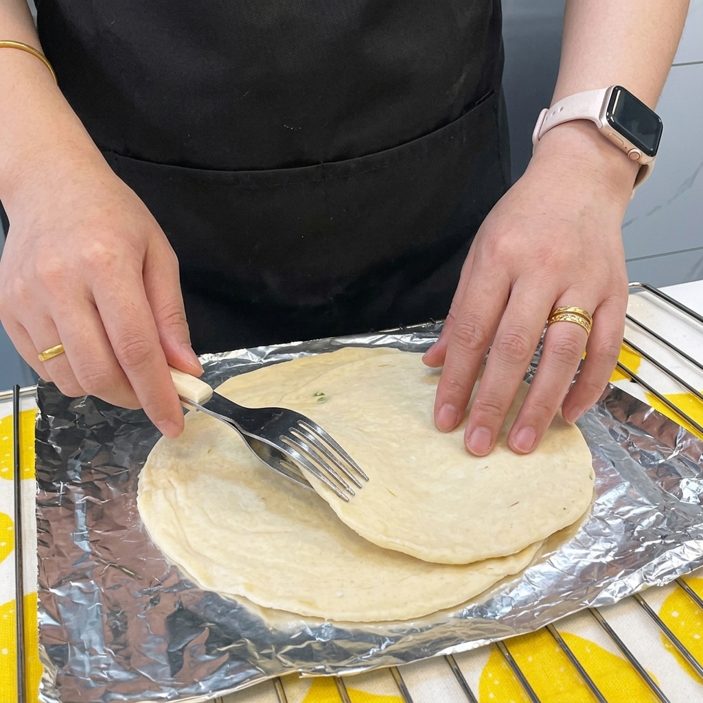 Deux galettes à la ciboule empilées, piquées uniformément avec une fourchette.