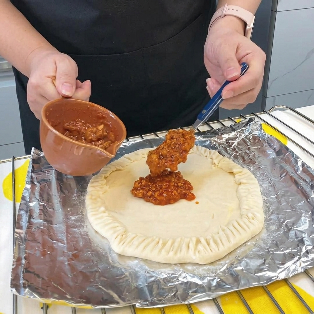 Une cuillerée de sauce bolognaise épaisse étalée au centre de la galette à la ciboule.