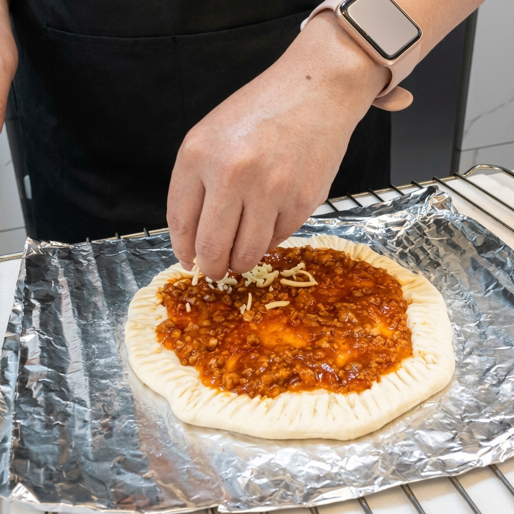 Main saupoudrant de la mozzarella râpée sur la base de la galette couverte de sauce.