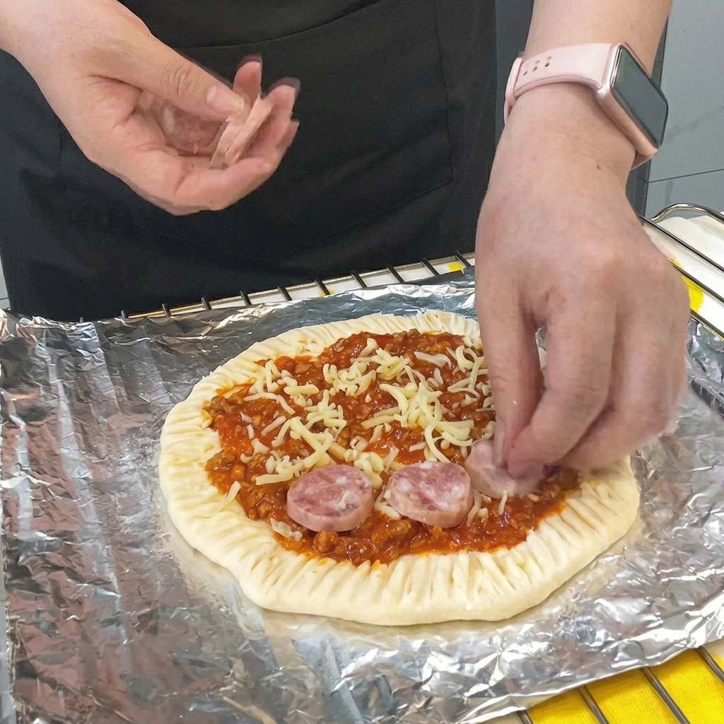 Rondelles de saucisse disposées en cercle sur la couche de fromage.