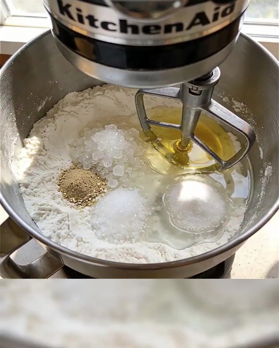 Gros plan sur le bol dun robot pâtissier contenant la farine, la levure, le sucre, le sel, leau et lhuile dolive, avec le crochet pétrisseur prêt à commencer le mélange.