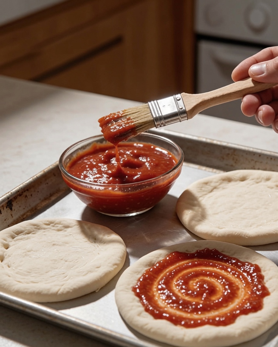 Un pinceau à pâtisserie étalant de la sauce tomate sur un disque de pâte à pizza posé sur une plaque métallique.