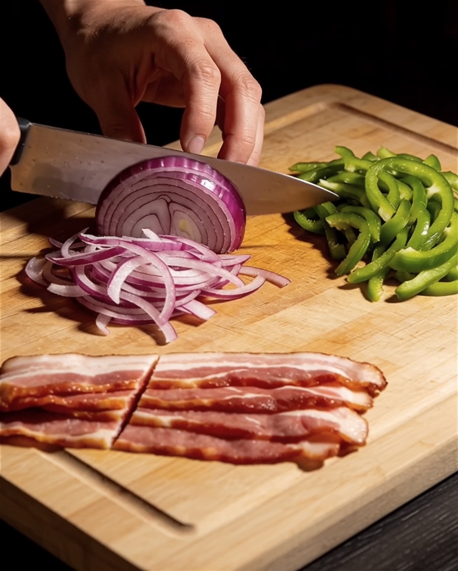 Tranches doignon rouge, de poivron vert et lamelles de bacon cru disposées sur une planche à découper en bois.