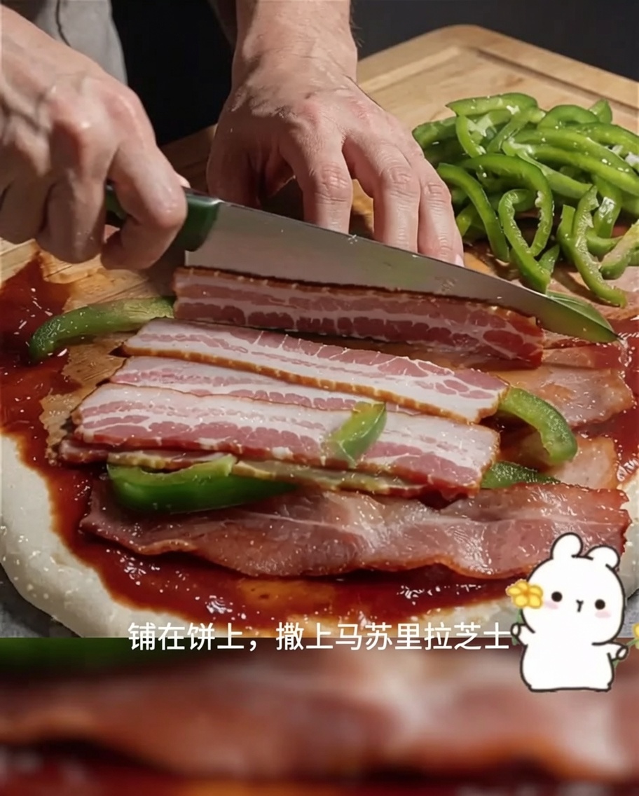 Une base de pizza garnie de bacon, de poivron vert et doignon rouge, avec une main terminant de saupoudrer la mozzarella râpée.