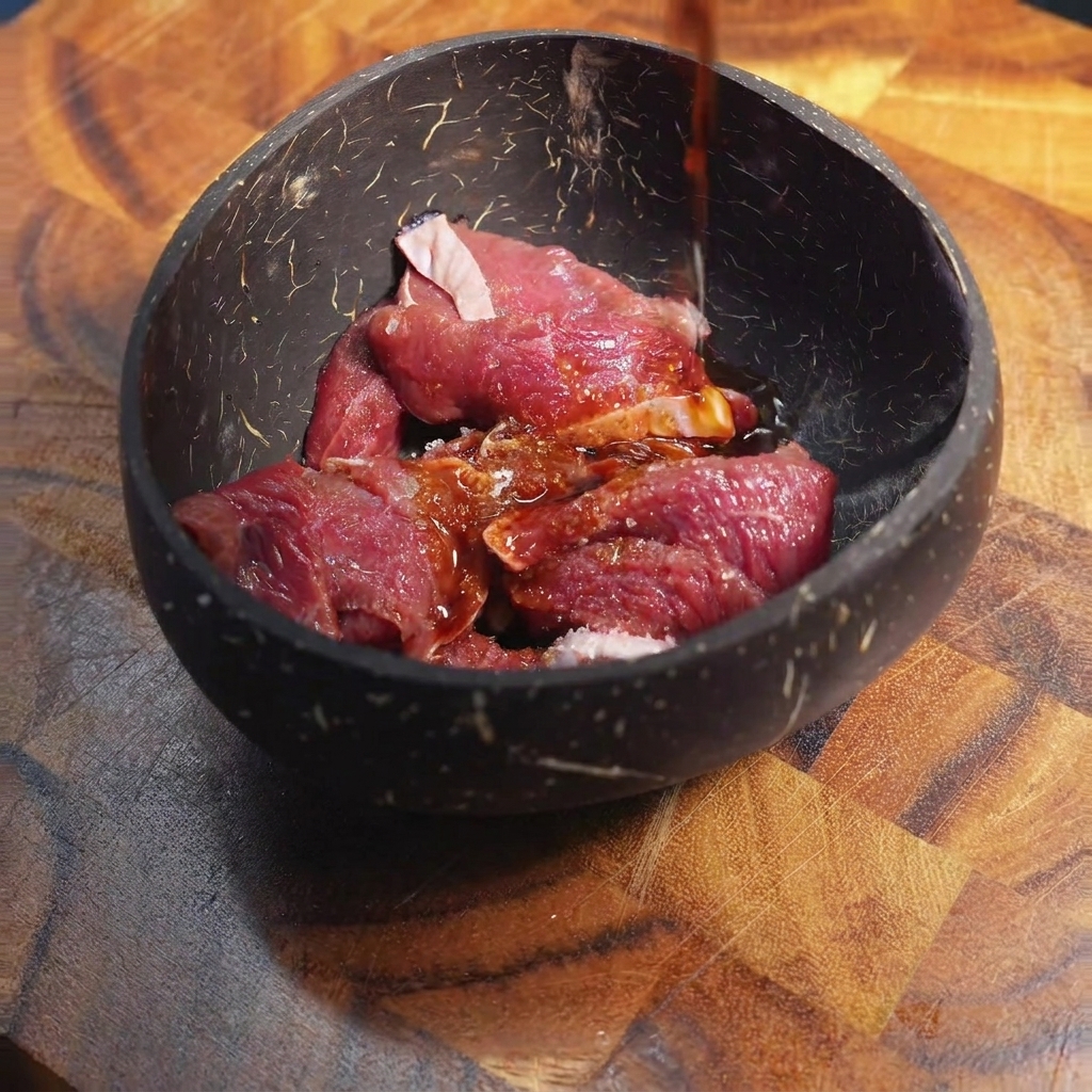 Bœuf tranché mariné dans un mélange de sauce soja et de sauce huître dans un bol en bois.