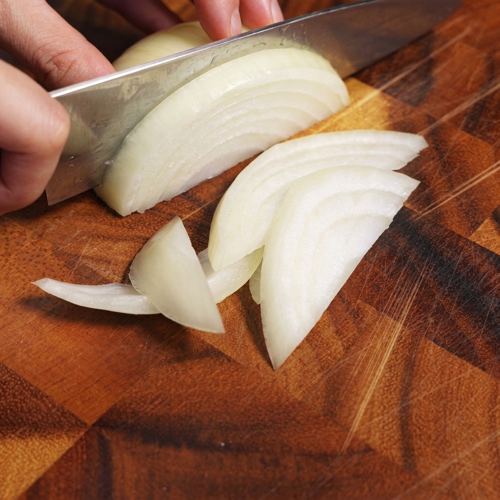 Tranches doignon blanc sur une planche à découper en bois.