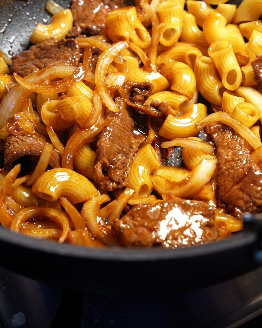 Macaronis, tranches de bœuf tendre et oignons mélangés dans une sauce savoureuse dans une poêle.