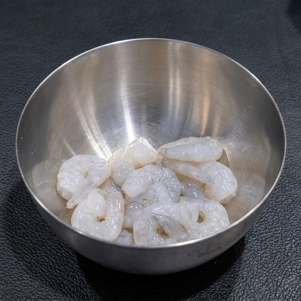 Crevettes fraîches nettoyées dans un bol en métal, parsemées de sel et de poivre.