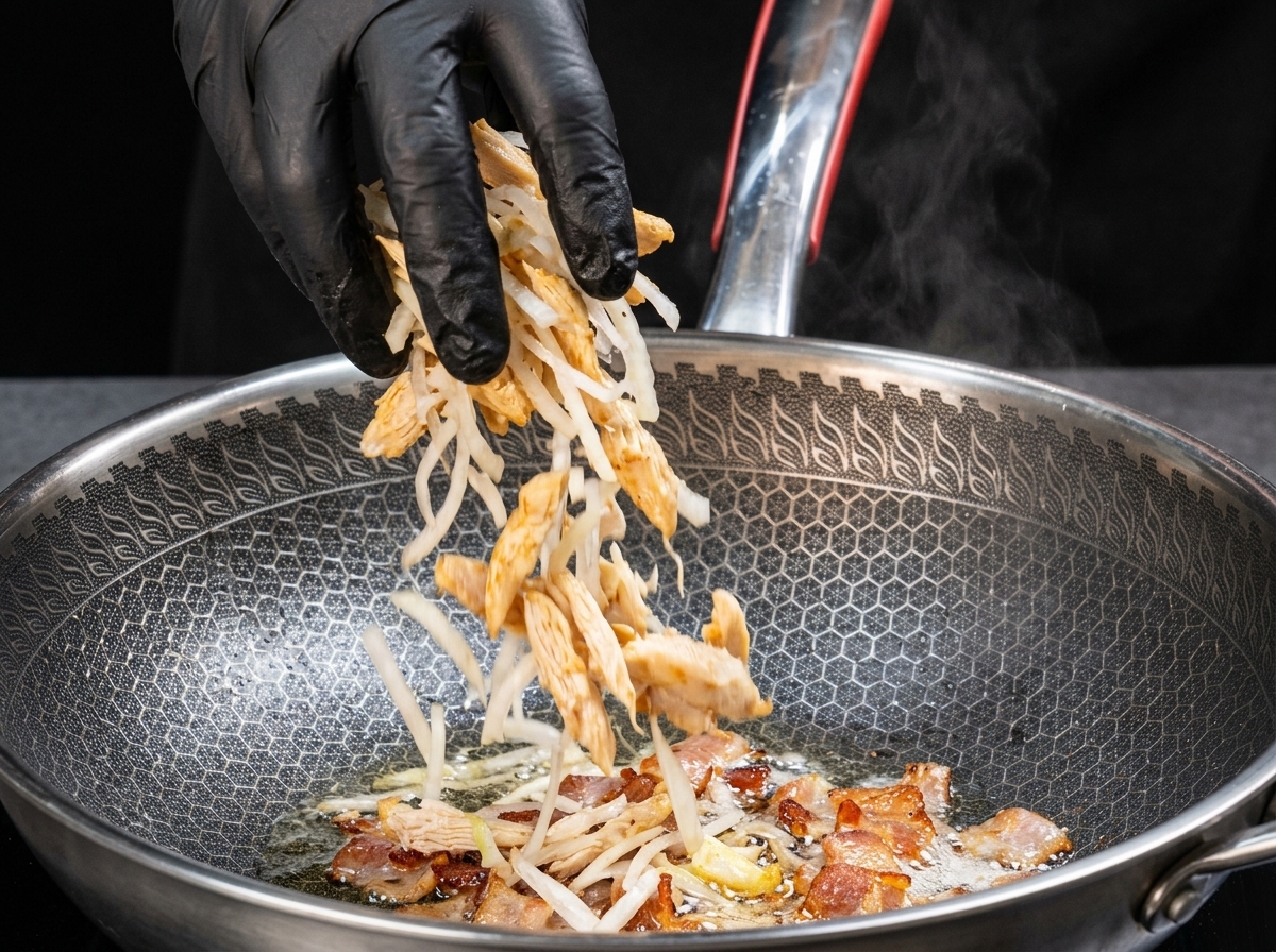 Crevettes et légumes ajoutés dans la poêle contenant le bacon doré.
