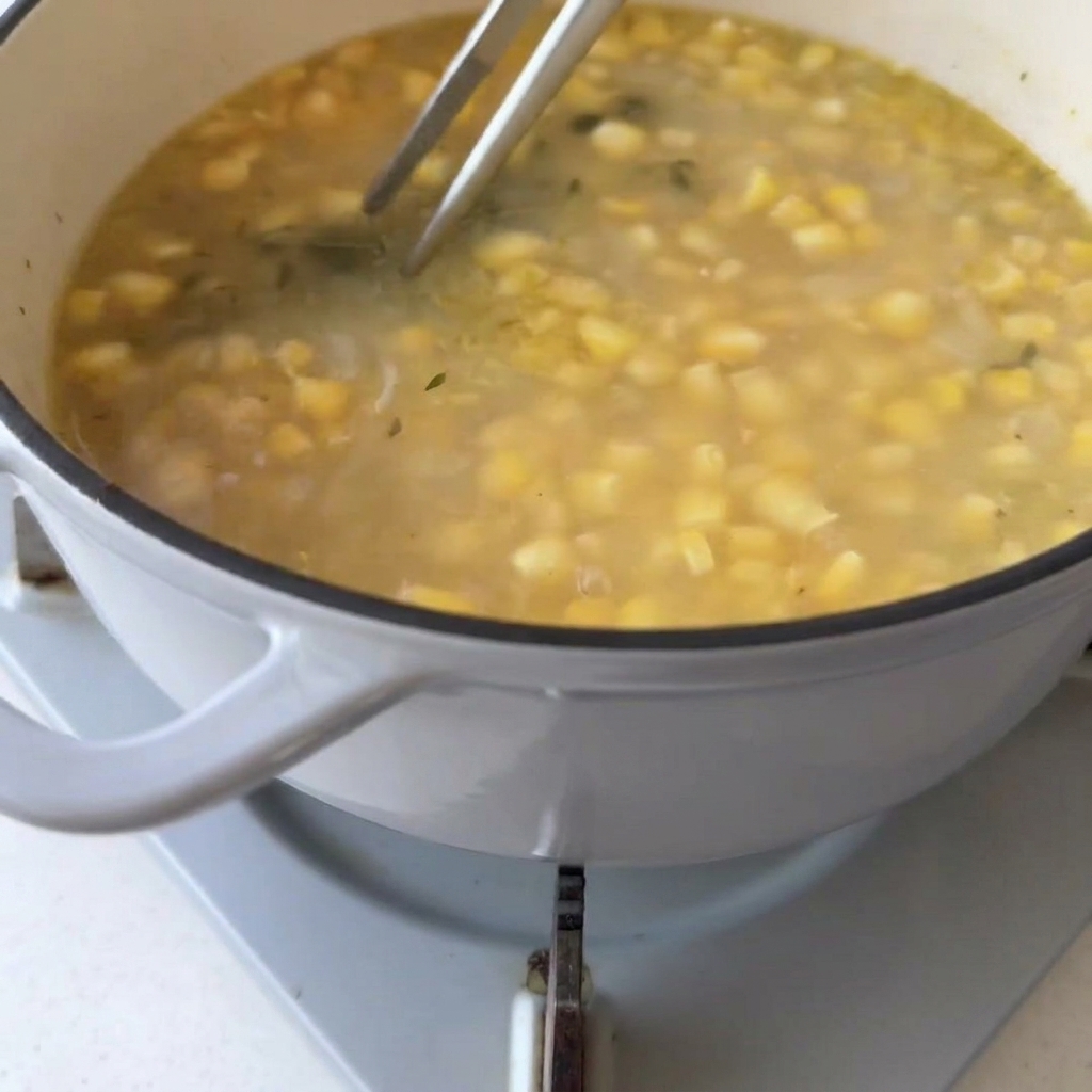 Pince métallique retirant une branche de thym cuit dune soupe de légumes.