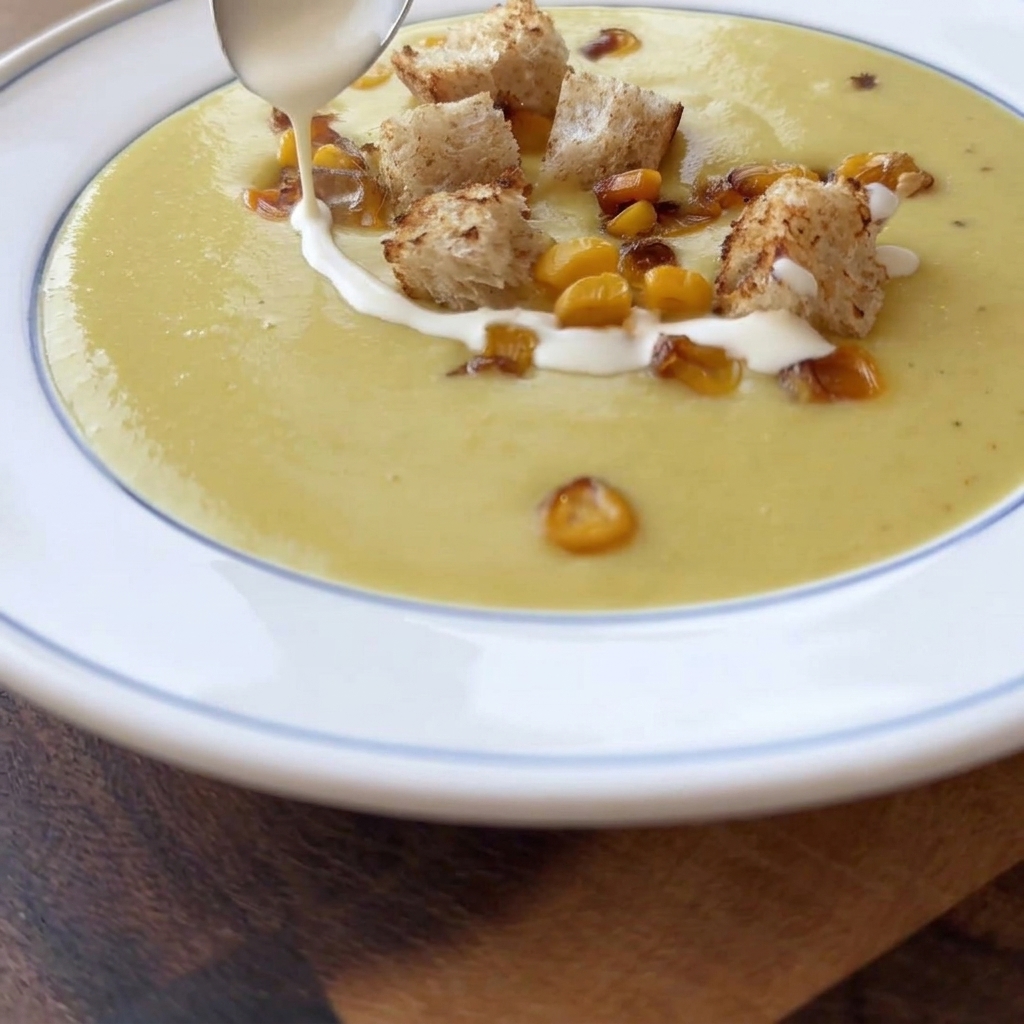 Un bol de velouté décoré de croûtons, de quelques grains de maïs et dun filet de crème.