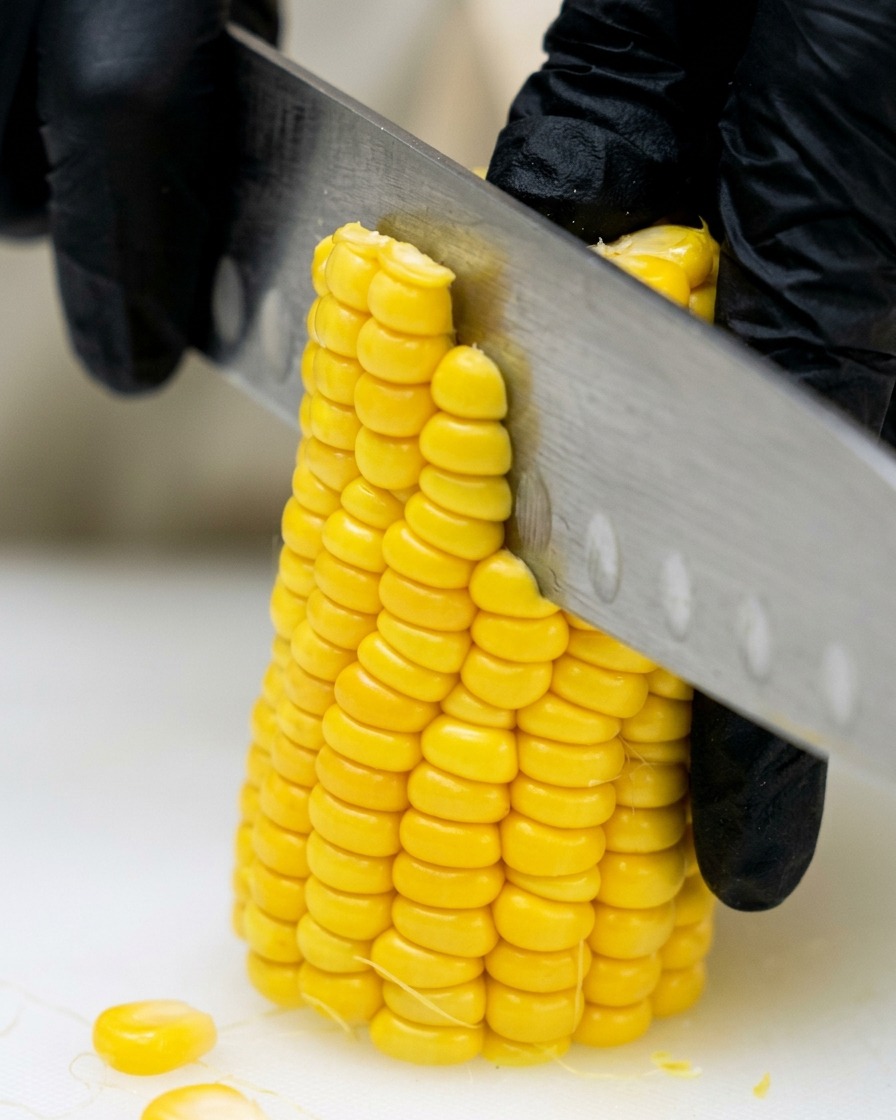 Une main gantée utilisant un couteau en inox pour trancher les grains de maïs sur une planche à découper.